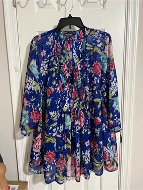 Roaman's Blue Floral Pleated Chiffon Top